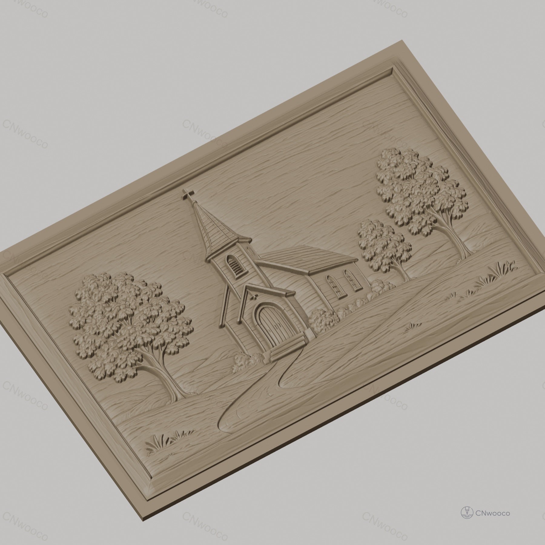 Fichier CNC & impression 3D scène d'église rurale, arbres et chemin dans un relief, haute qualité relief STL