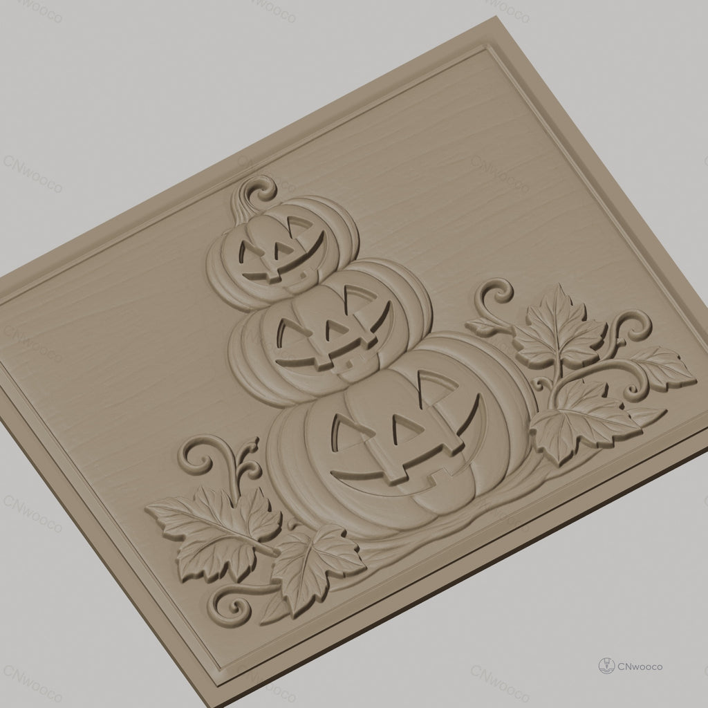 Fichier CNC & impression 3D Halloween, citrouilles empilées avec feuilles, haute qualité relief STL