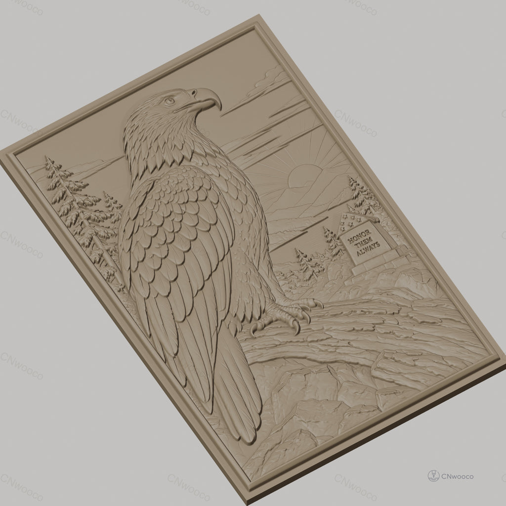 Fichier CNC & impression 3D aigle américain, paysage naturel, mémorial et soleil levant, haute qualité relief STL