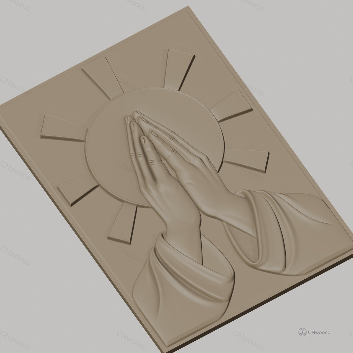 Fichier CNC & impression 3D mains en prière, auréole rayonnante, haute qualité relief STL