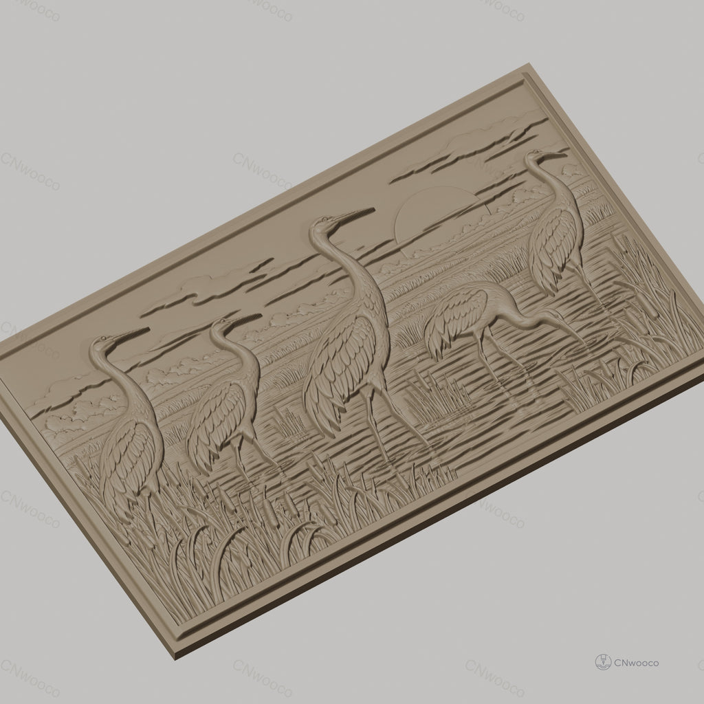 Fichier CNC & impression 3D hérons au coucher de soleil, paysage marécage relief, haute qualité relief STL