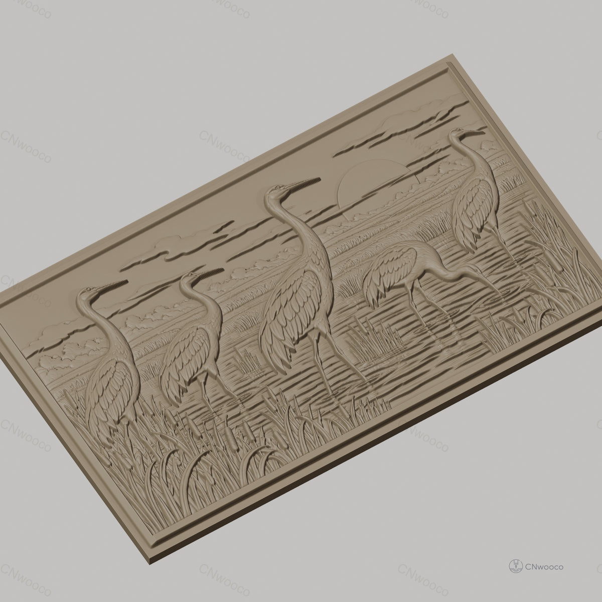 Fichier CNC & impression 3D hérons au coucher de soleil, paysage marécage relief, haute qualité relief STL