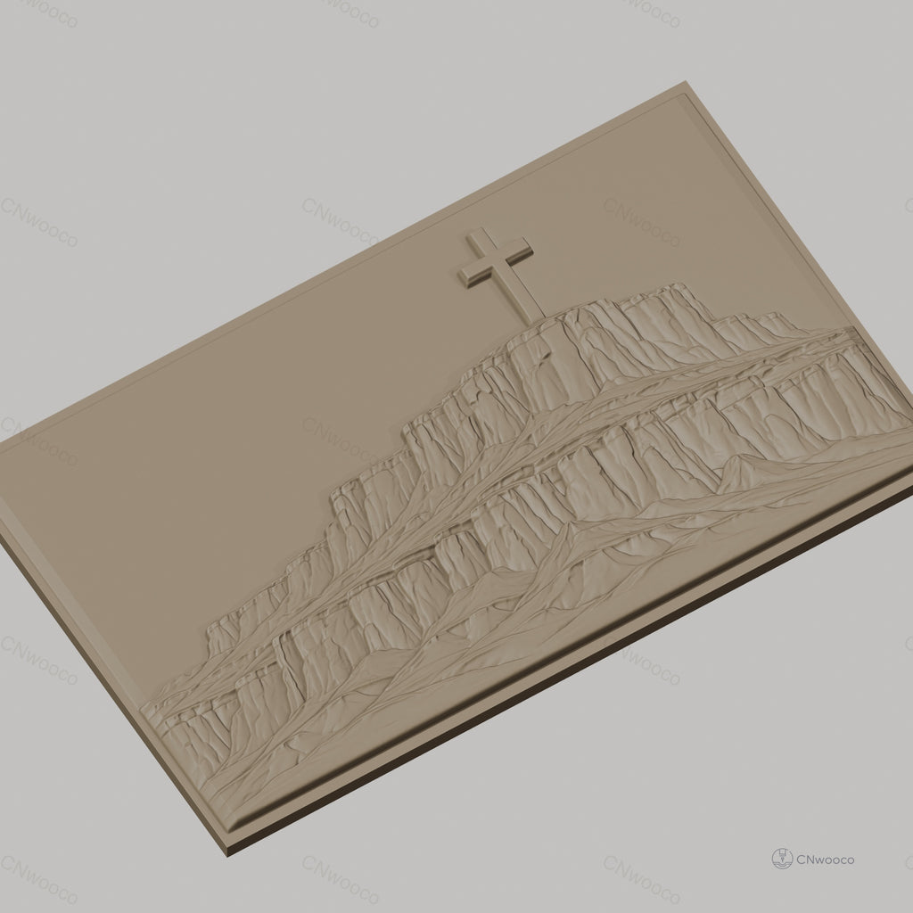 Fichier CNC & impression 3D montagne plateau croix christianisme, paysage relief hautes falaises, haute qualité relief STL