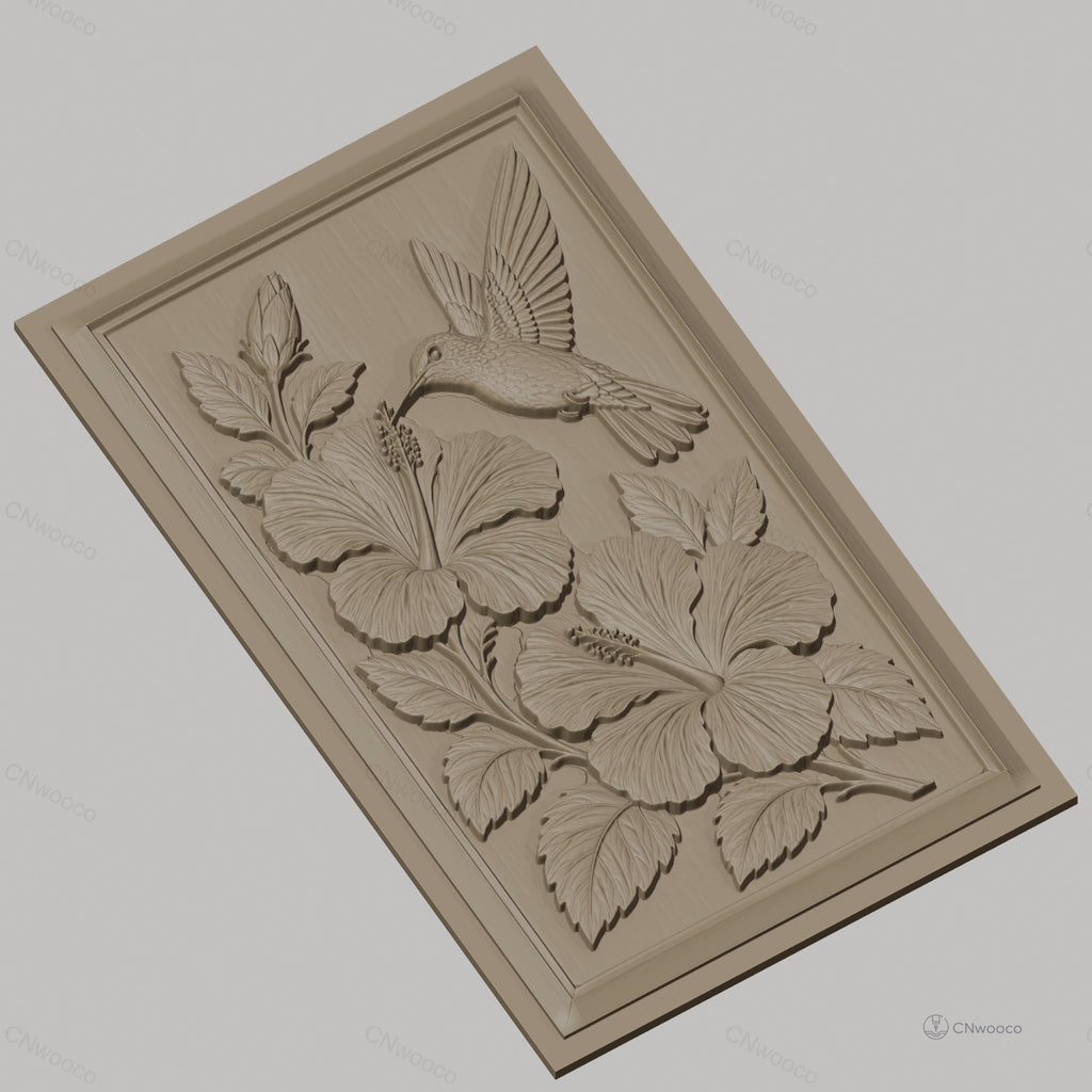 Fichier CNC & impression 3D colibri et fleurs d'hibiscus, feuilles détaillées haute qualité relief STL