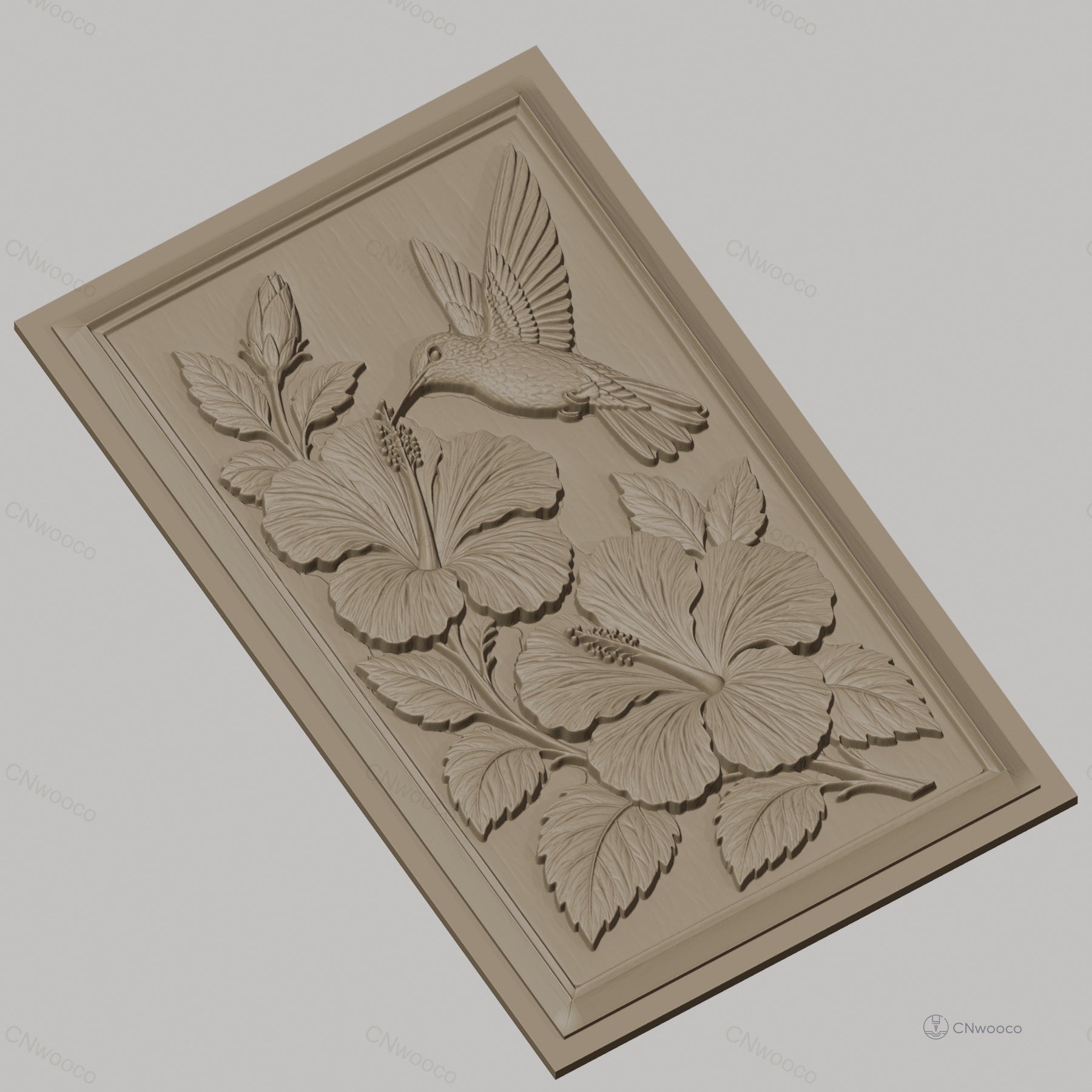 Fichier CNC & impression 3D colibri et fleurs d'hibiscus, feuilles détaillées haute qualité relief STL