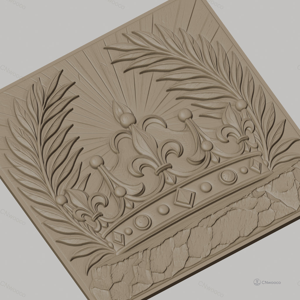 Fichier CNC & impression 3D couronne royale, feuilles de palmier, pierre texturée, haute qualité relief STL