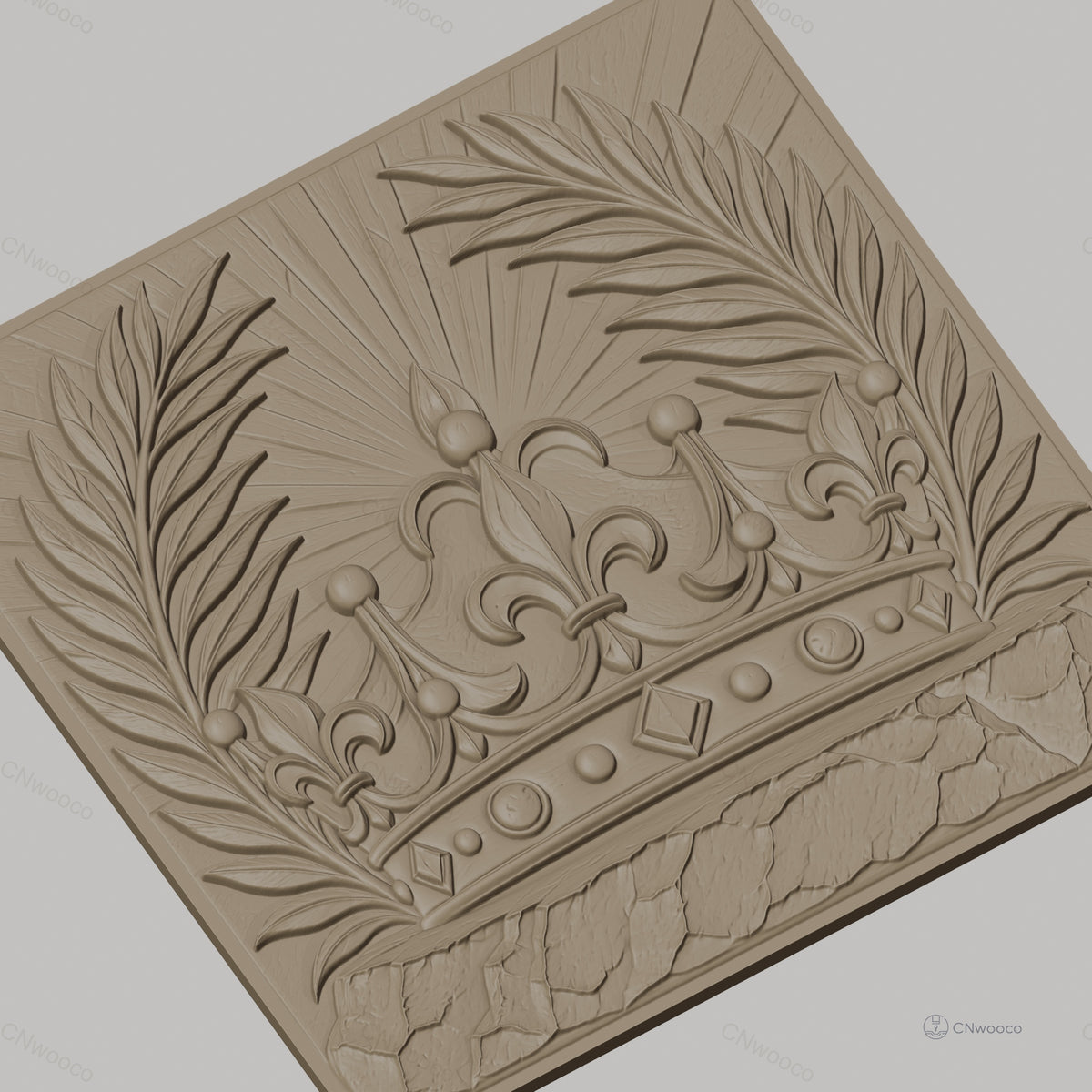 Fichier CNC & impression 3D couronne royale, feuilles de palmier, pierre texturée, haute qualité relief STL