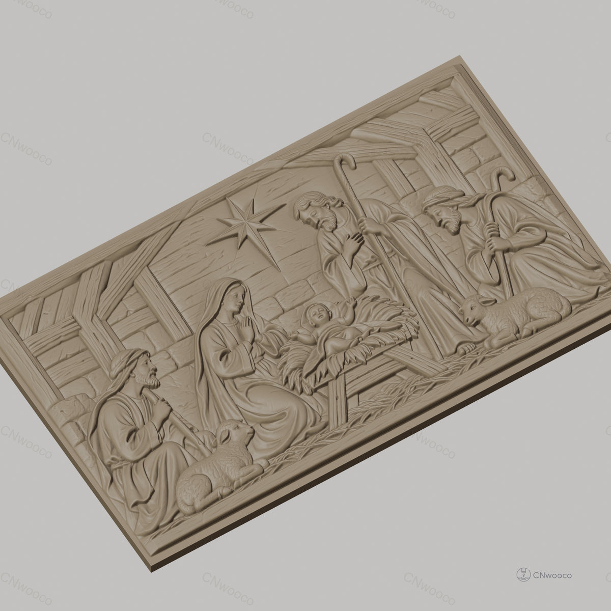 Fichier CNC & impression 3D scène de la crèche, Marie Joseph bébé Jésus étoile et moutons, haute qualité relief STL