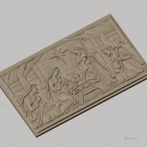 Fichier CNC & impression 3D scène de la crèche, Marie Joseph bébé Jésus étoile et moutons, haute qualité relief STL
