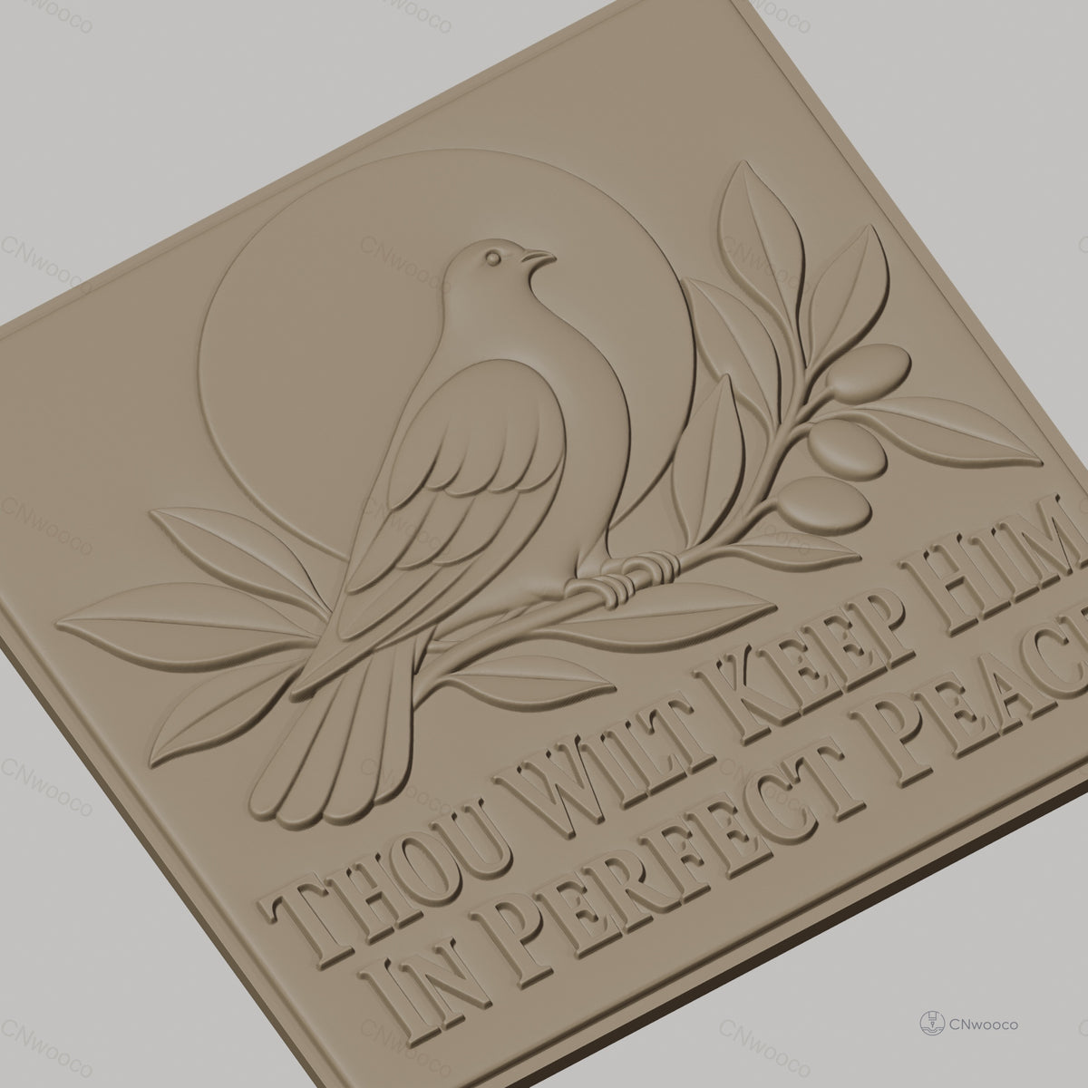 Fichier CNC & impression 3D Colombe sur branche avec olives, message paix parfaite, haute qualité relief STL