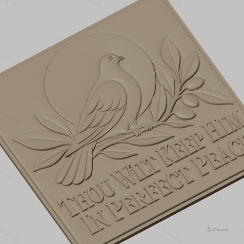 Fichier CNC & impression 3D Colombe sur branche avec olives, message paix parfaite, haute qualité relief STL