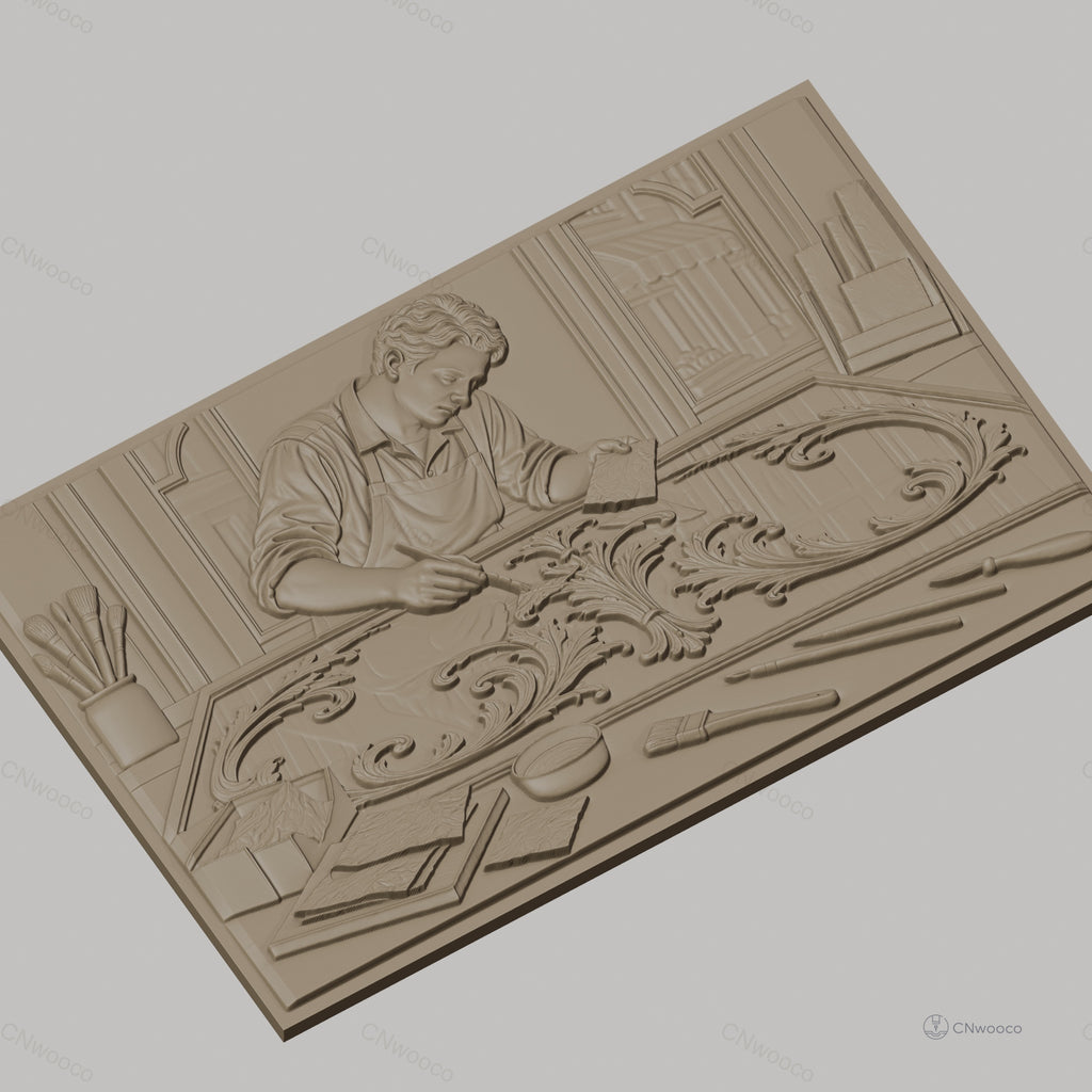 Fichier CNC & impression 3D artisan appliquant feuille d'or, pinceaux et motifs baroques, haute qualité relief STL