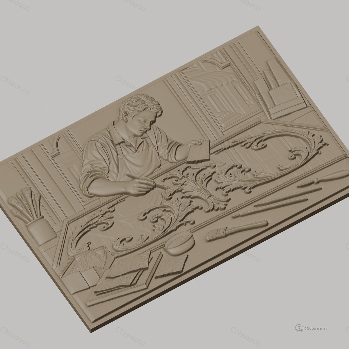 Fichier CNC & impression 3D artisan appliquant feuille d'or, pinceaux et motifs baroques, haute qualité relief STL