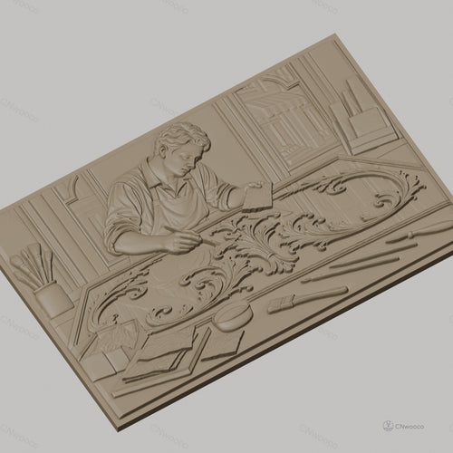 Fichier CNC & impression 3D artisan appliquant feuille d'or, pinceaux et motifs baroques, haute qualité relief STL