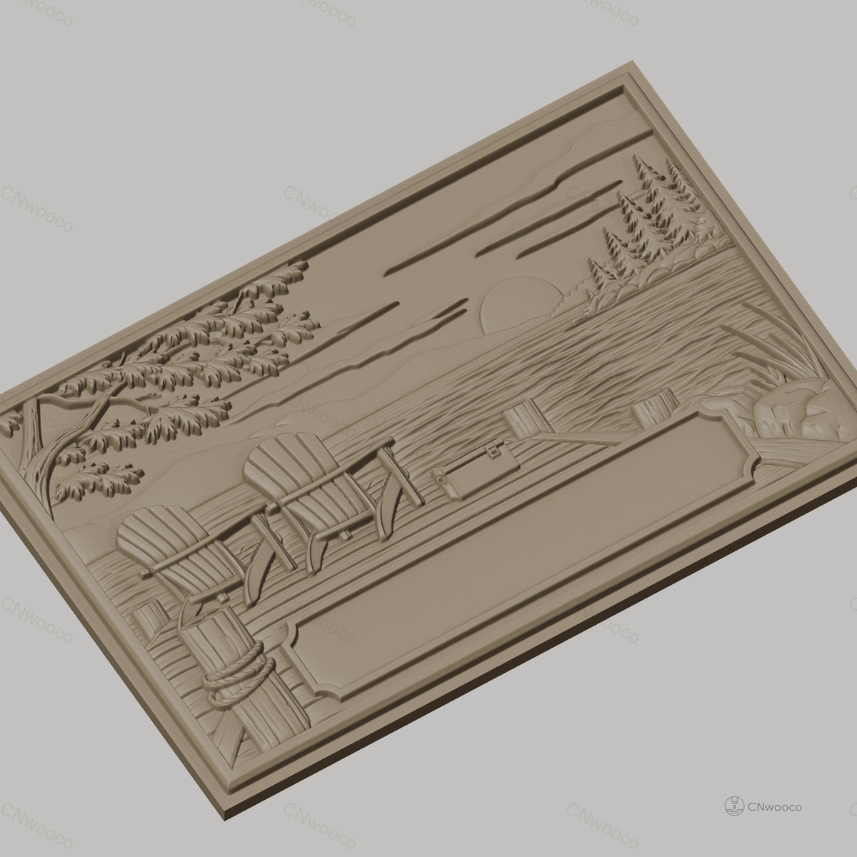 Fichier CNC & impression 3D paysage lacustre, chaises Adirondack sur quai avec coucher de soleil, haute qualité relief STL