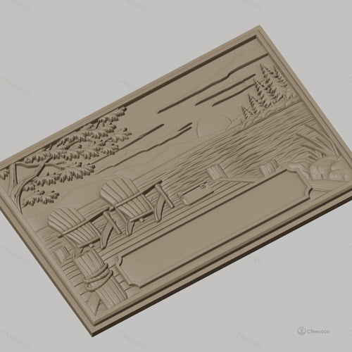 Fichier CNC & impression 3D paysage lacustre, chaises Adirondack sur quai avec coucher de soleil, haute qualité relief STL