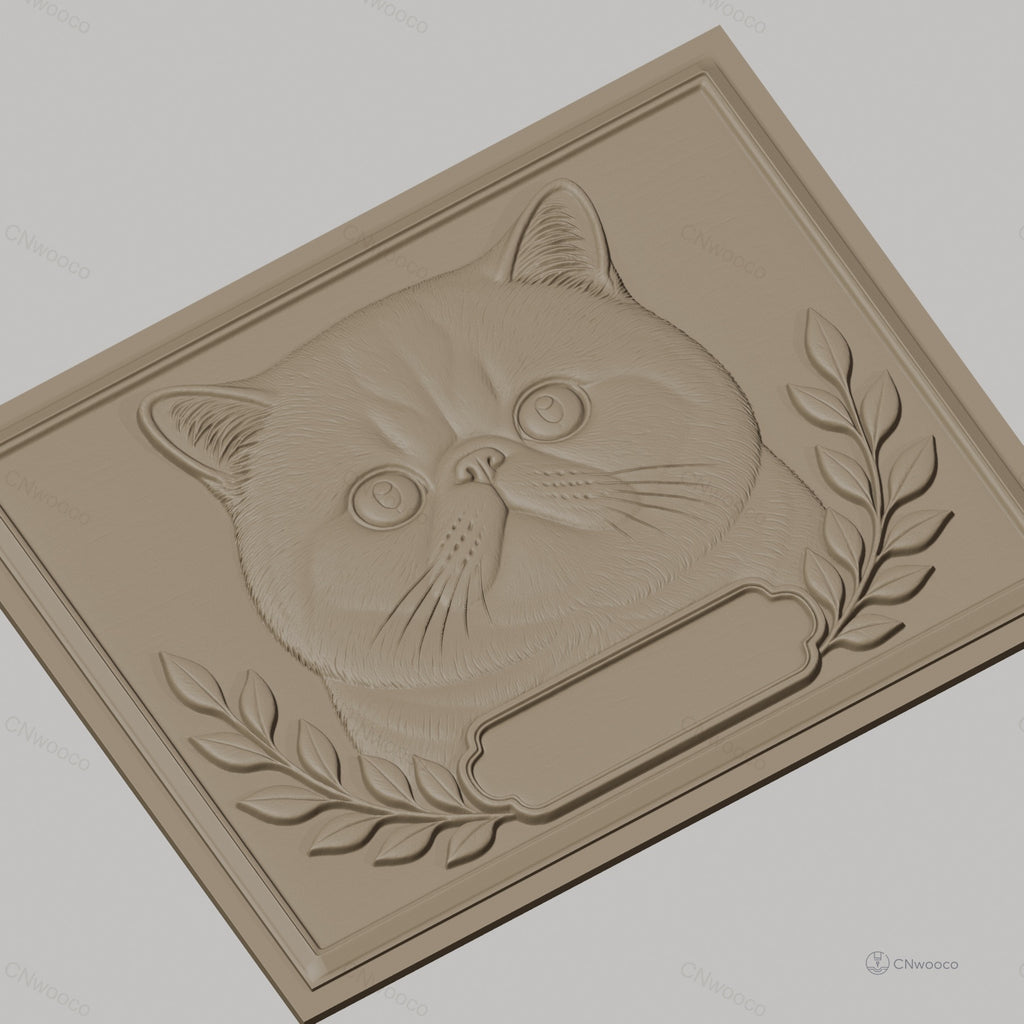 Fichier CNC & impression 3D chat British Shorthair, visage de chat avec feuilles décoratives, haute qualité relief STL