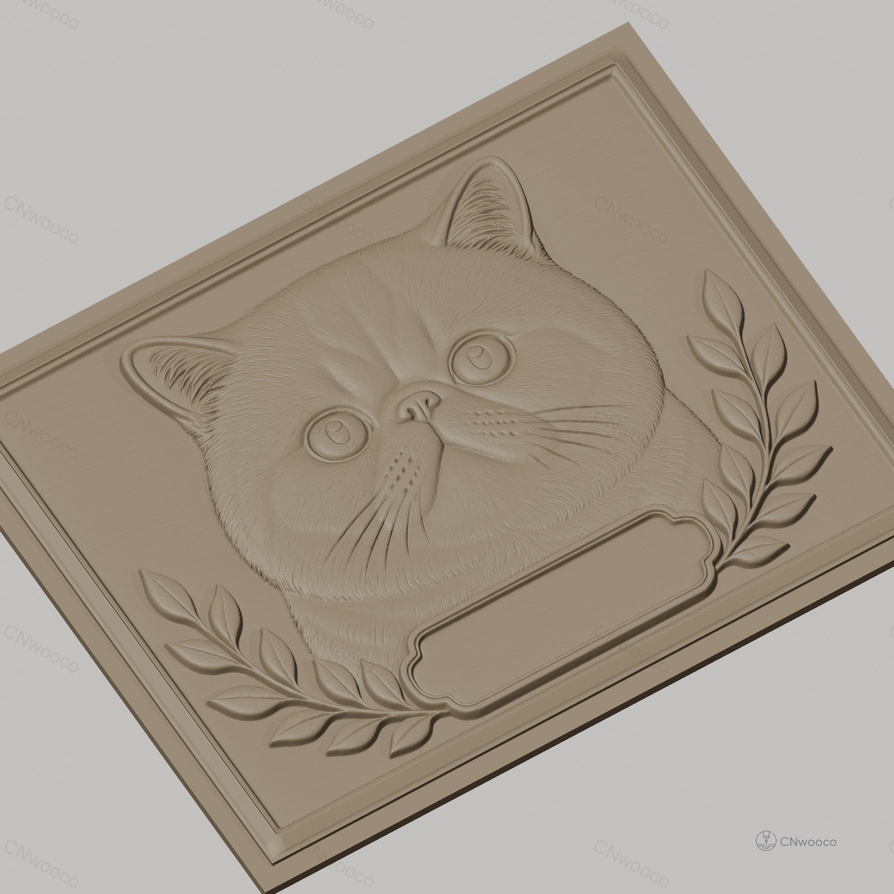 Fichier CNC & impression 3D chat British Shorthair, visage de chat avec feuilles décoratives, haute qualité relief STL