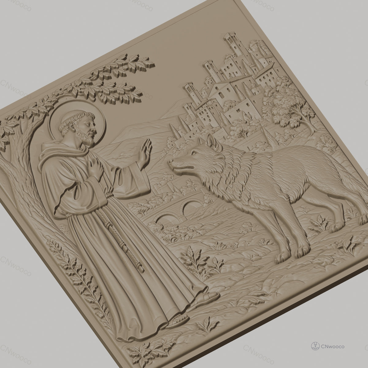 Fichier CNC & impression 3D Saint François d'Assise, loup, village médiéval, haute qualité relief STL