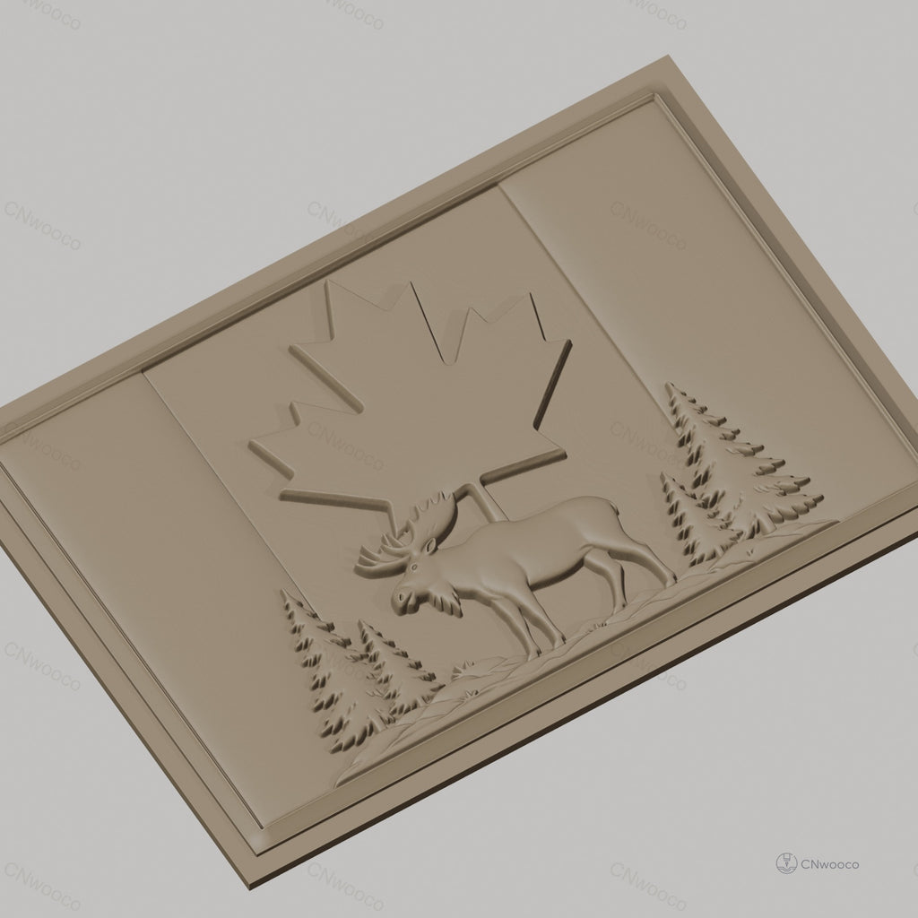 Fichier CNC & impression 3D drapeau canadien, élan et sapins en relief, haute qualité relief STL