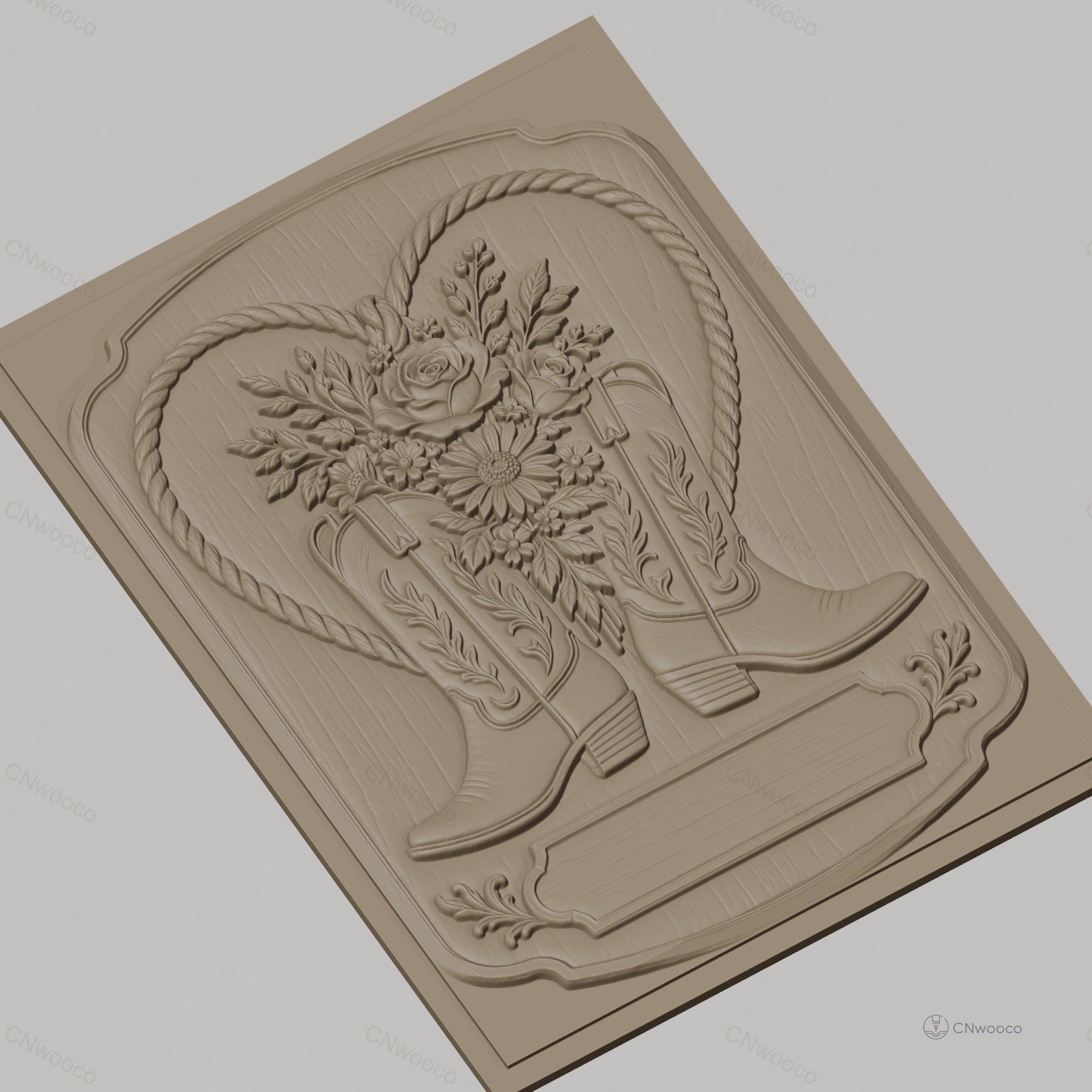 Fichier CNC & impression 3D thème western, bottes de cowboy et bouquet de fleurs, haute qualité relief STL