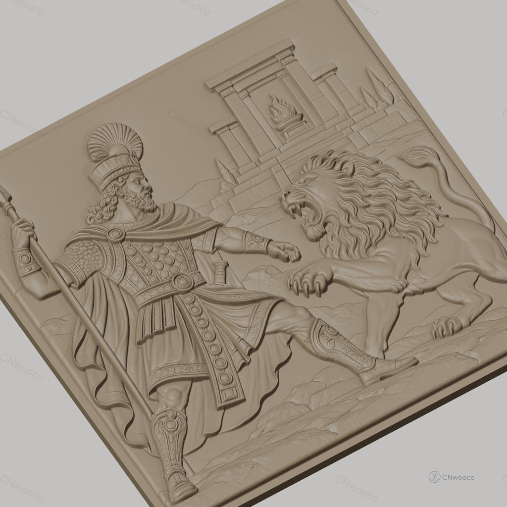 Fichier CNC & impression 3D héros antique combattant lion, temple ancien, haute qualité relief STL
