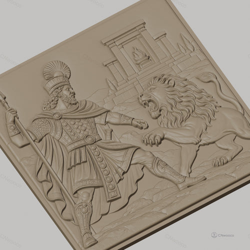 Fichier CNC & impression 3D héros antique combattant lion, temple ancien, haute qualité relief STL