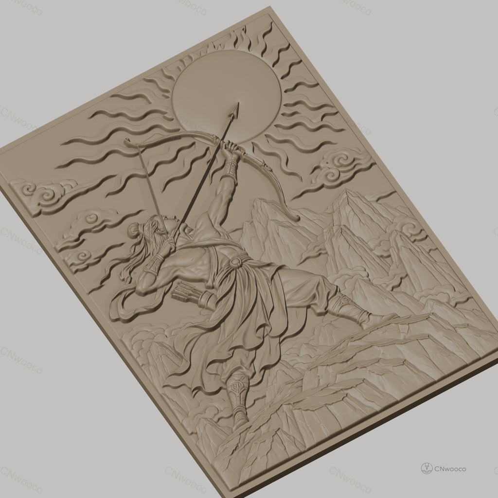 Fichier CNC & impression 3D archer mythologique, montagne, soleil, nuages, haute qualité relief STL