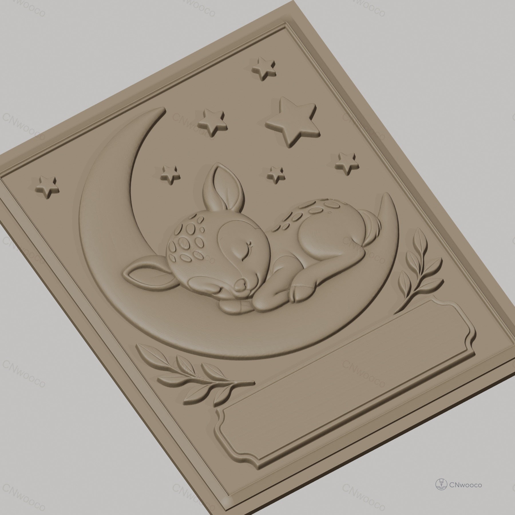 Fichier CNC & impression 3D bébé cerf endormi sur lune avec étoiles, branches décoratives, haute qualité relief STL