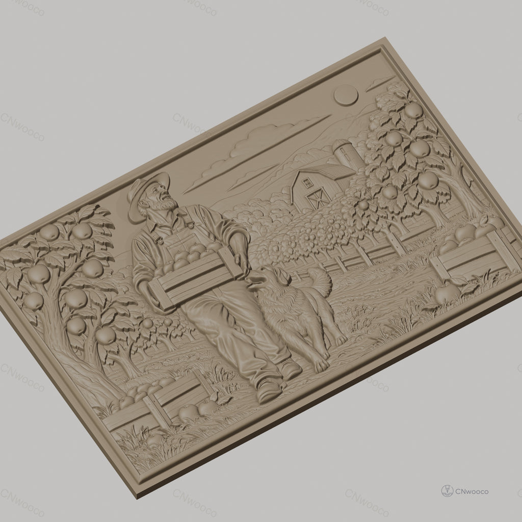 Fichier CNC & impression 3D fermier avec caisse de pommes et chien, paysage rural, haute qualité relief STL