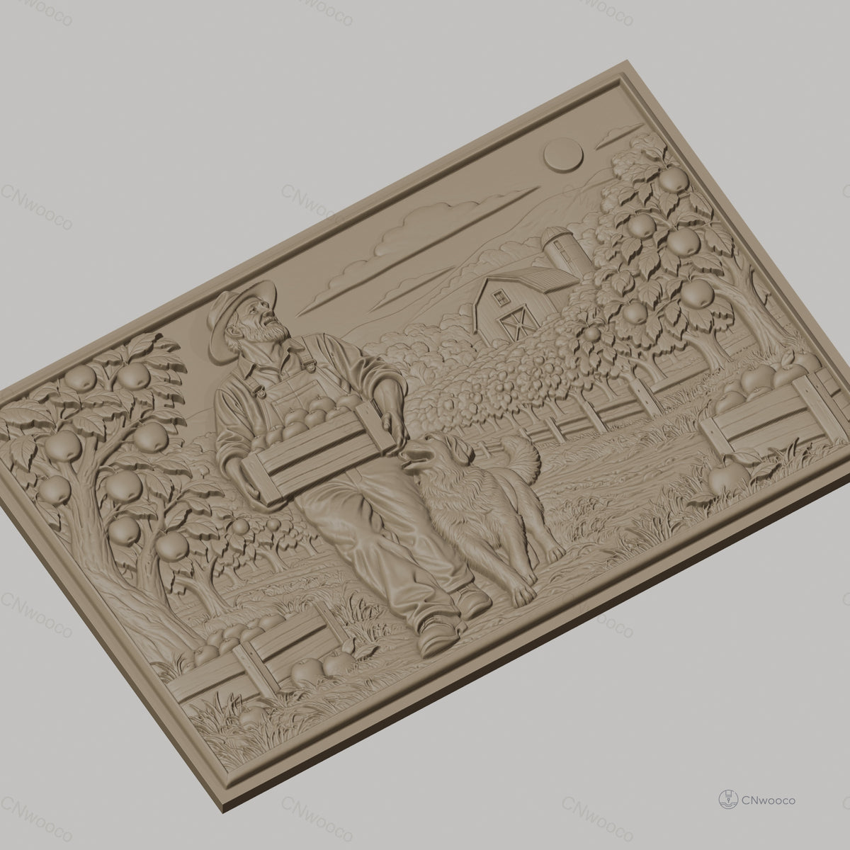 Fichier CNC & impression 3D fermier avec caisse de pommes et chien, paysage rural, haute qualité relief STL