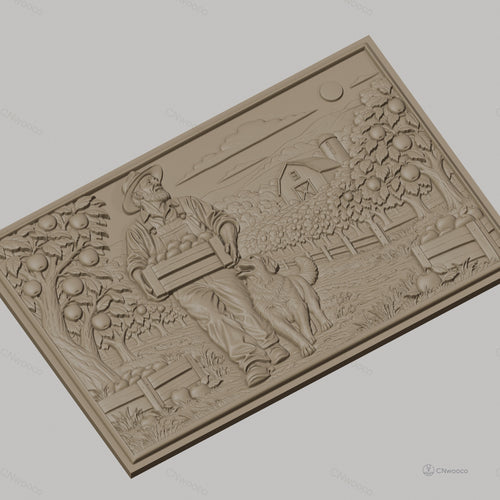 Fichier CNC & impression 3D fermier avec caisse de pommes et chien, paysage rural, haute qualité relief STL