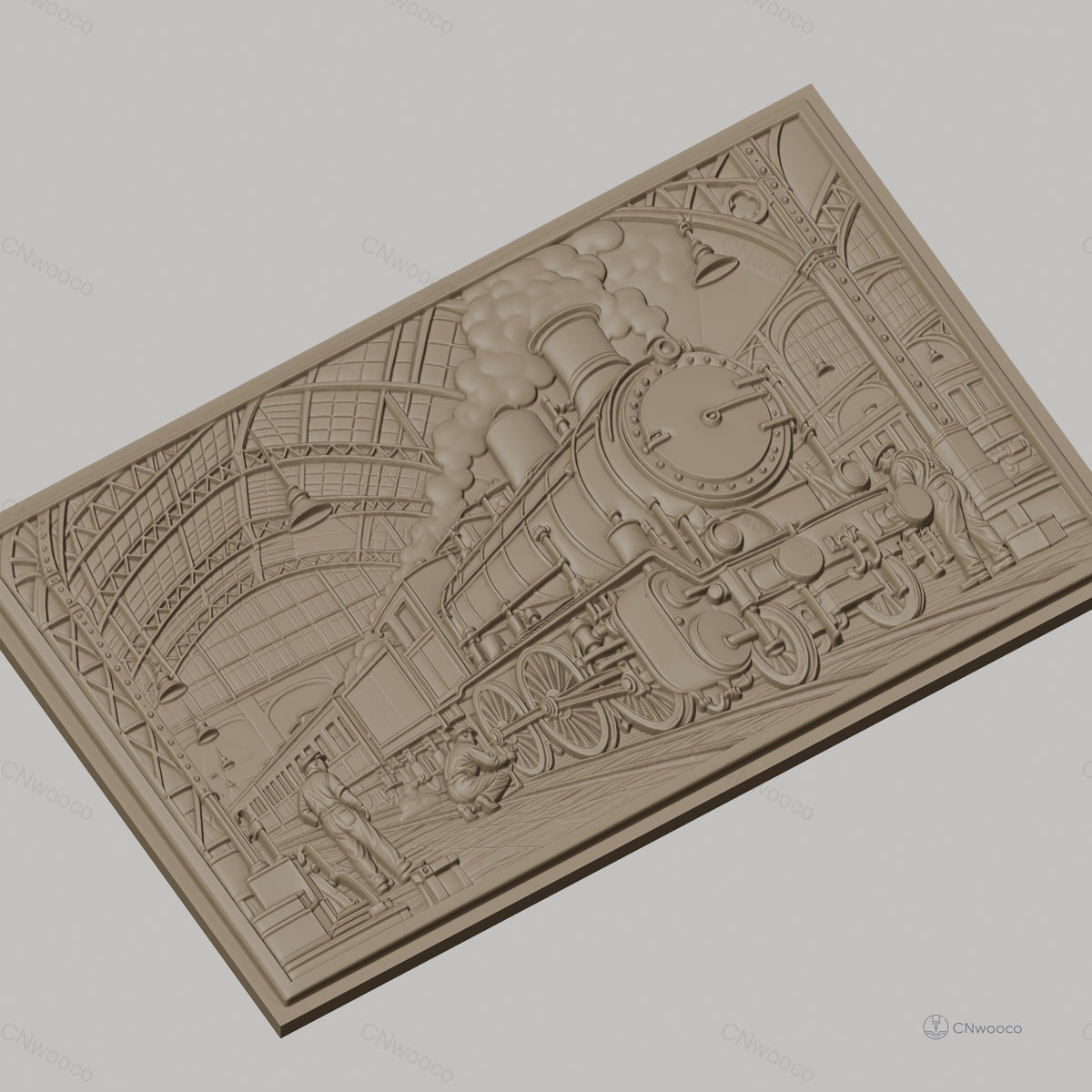 Fichier CNC & impression 3D locomotive à vapeur, gare vintage avec ouvriers, haute qualité relief STL