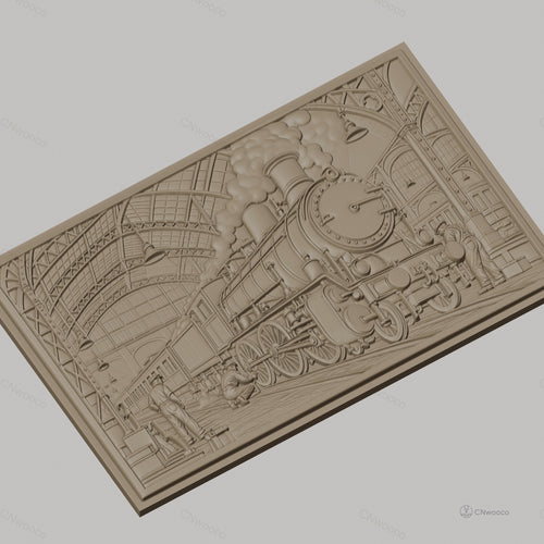 Fichier CNC & impression 3D locomotive à vapeur, gare vintage avec ouvriers, haute qualité relief STL