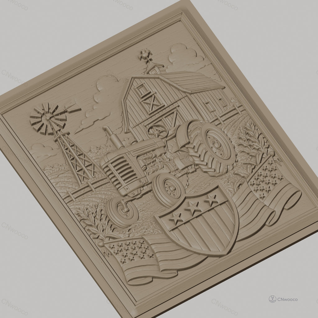 Fichier CNC & impression 3D ferme américaine, tracteur, grange, moulin à vent, drapeaux USA, haute qualité relief STL