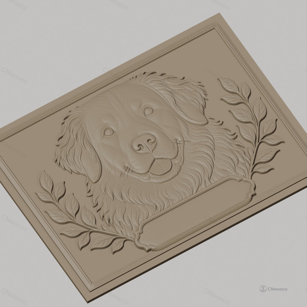 Fichier CNC & impression 3D chien Golden Retriever, visage détaillé avec feuillage, haute qualité relief STL