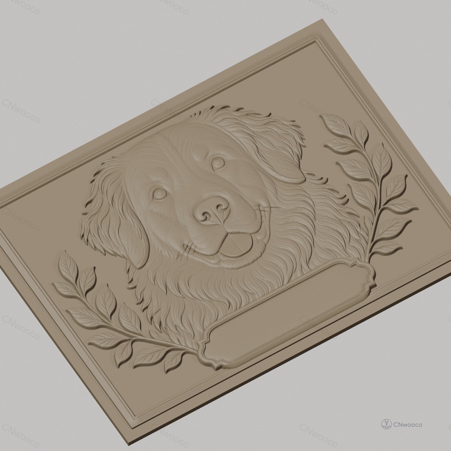 Fichier CNC & impression 3D chien Golden Retriever, visage détaillé avec feuillage, haute qualité relief STL
