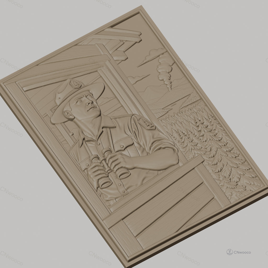 Fichier CNC & impression 3D garde forestier avec jumelles et incendie de forêt relief nature haute qualité relief STL