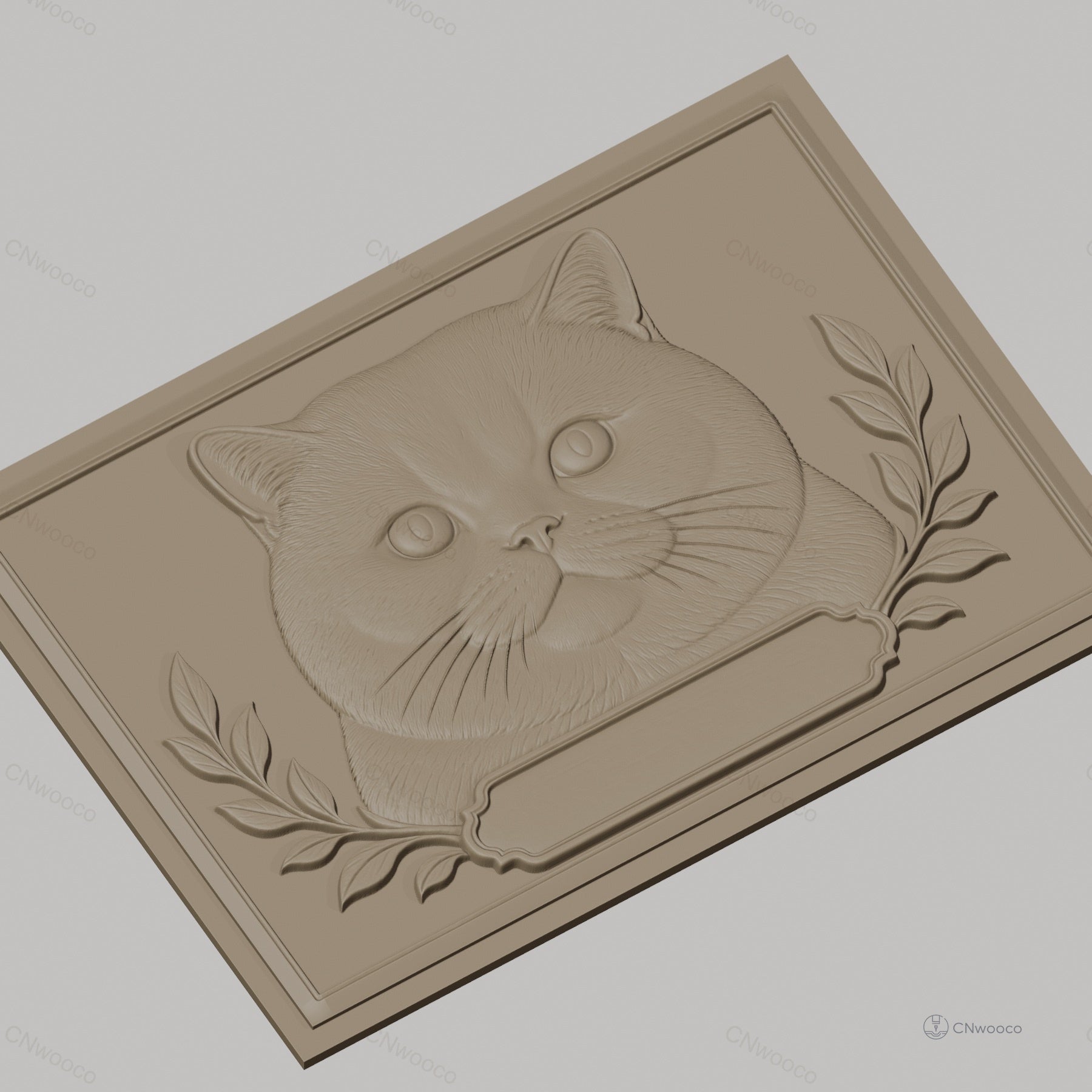 Fichier CNC & impression 3D Chat, tête de chat avec feuilles décoratives, haute qualité relief STL