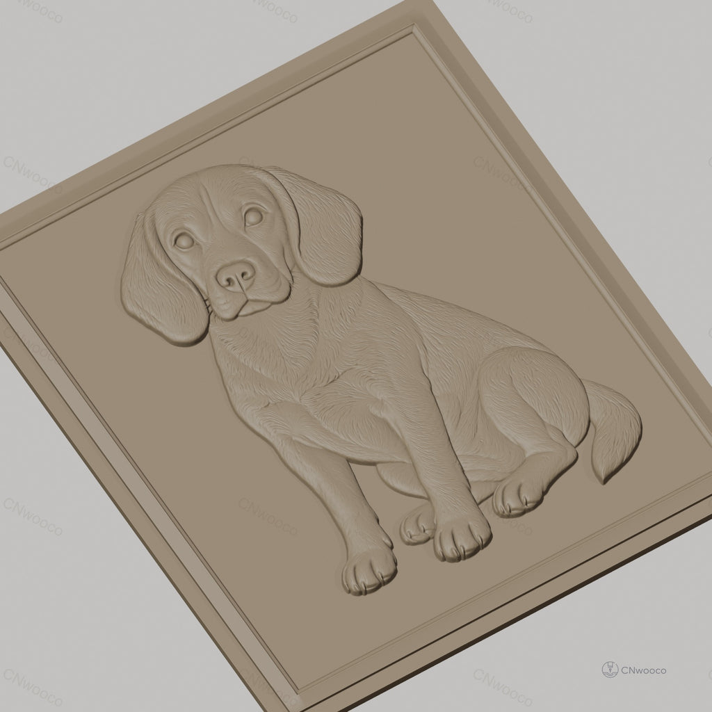 Fichier CNC & impression 3D chien Beagle assis, détail pelage et contours réalistes, haute qualité relief STL