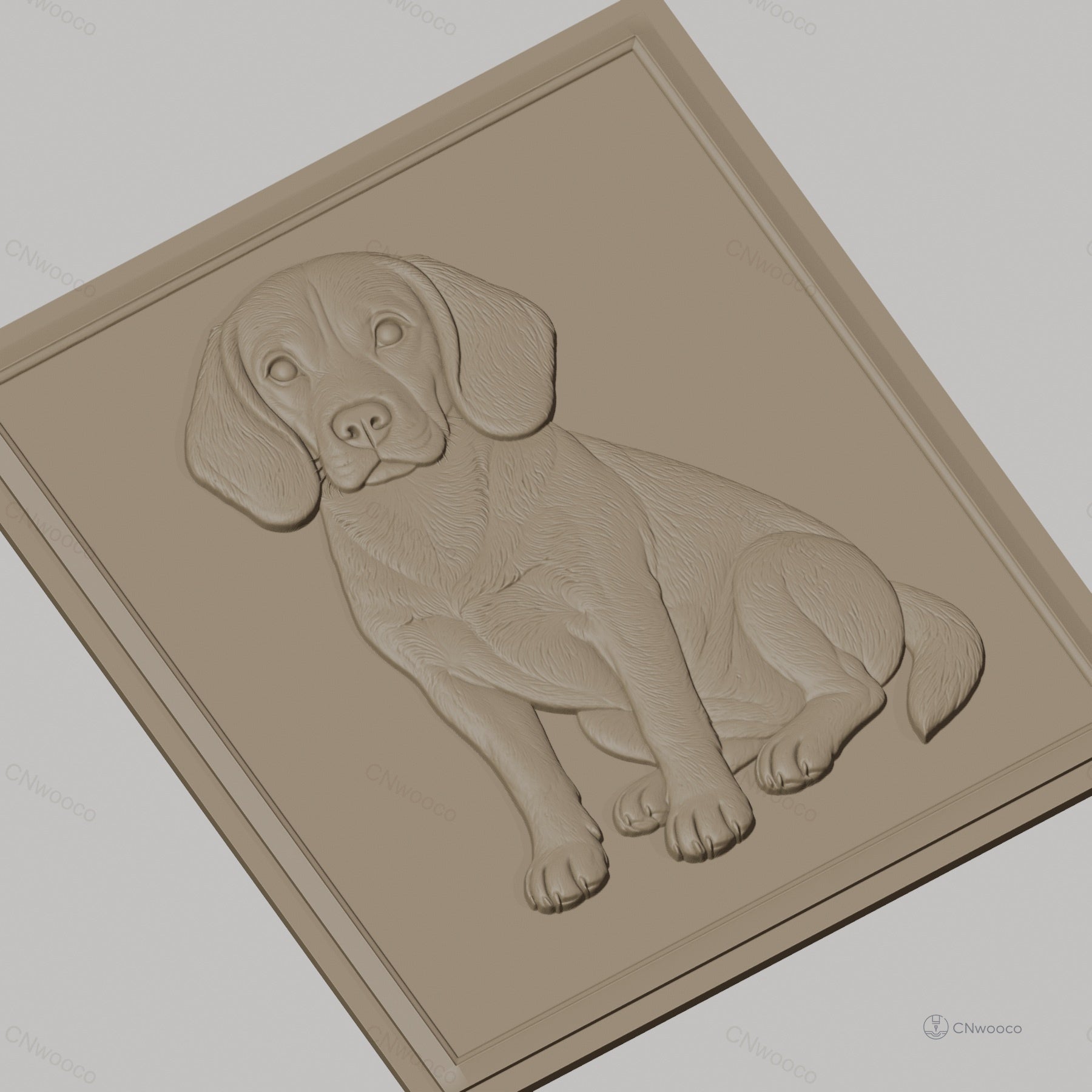 Fichier CNC & impression 3D chien Beagle assis, détail pelage et contours réalistes, haute qualité relief STL