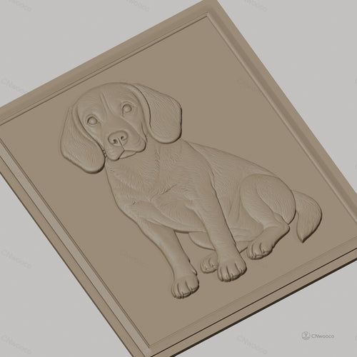 Fichier CNC & impression 3D chien Beagle assis, détail pelage et contours réalistes, haute qualité relief STL
