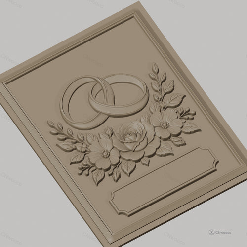 Fichier CNC & impression 3D thème mariage, bagues entrelacées et bouquet floral, haute qualité relief STL