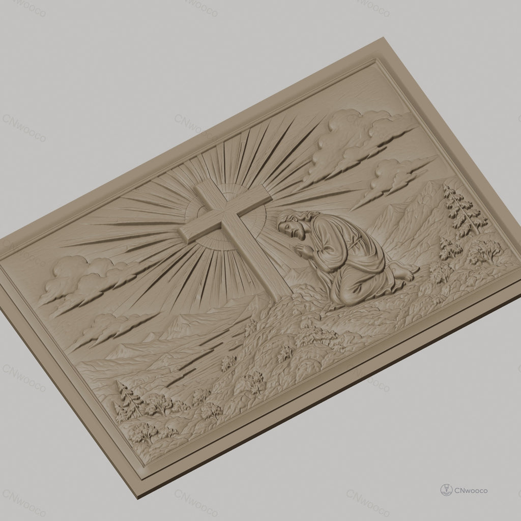 Fichier CNC & impression 3D Jésus priant devant la croix, paysage montagneux et rayons de lumière, haute qualité relief STL