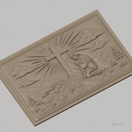 Fichier CNC & impression 3D Jésus priant devant la croix, paysage montagneux et rayons de lumière, haute qualité relief STL