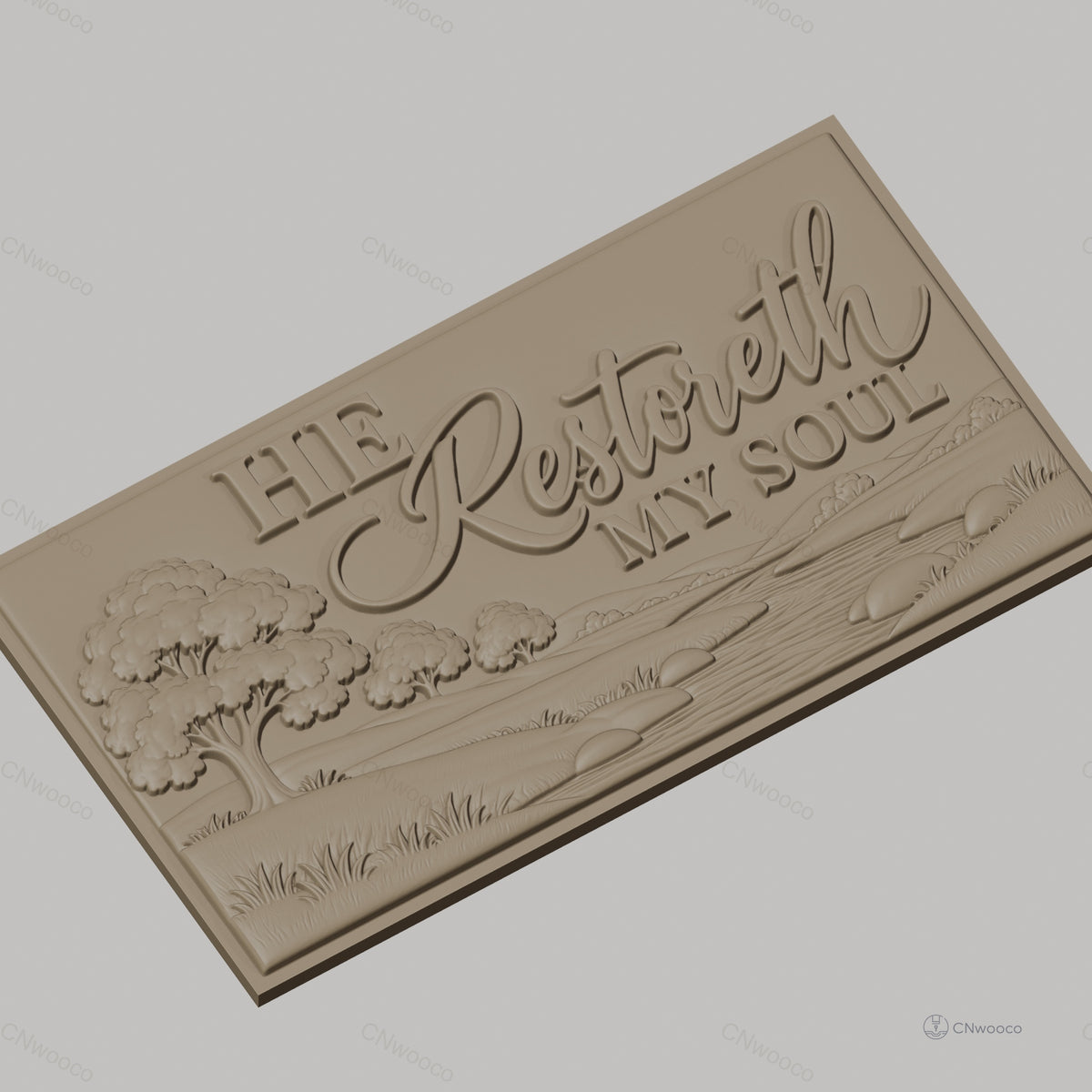 Fichier CNC & impression 3D paysage nature avec rivière et arbres, texte 'He Restoreth My Soul', haute qualité relief STL