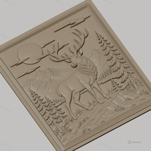 Fichier CNC & impression 3D cerf majestueux, paysage montagneux avec sapins et lune, haute qualité relief STL