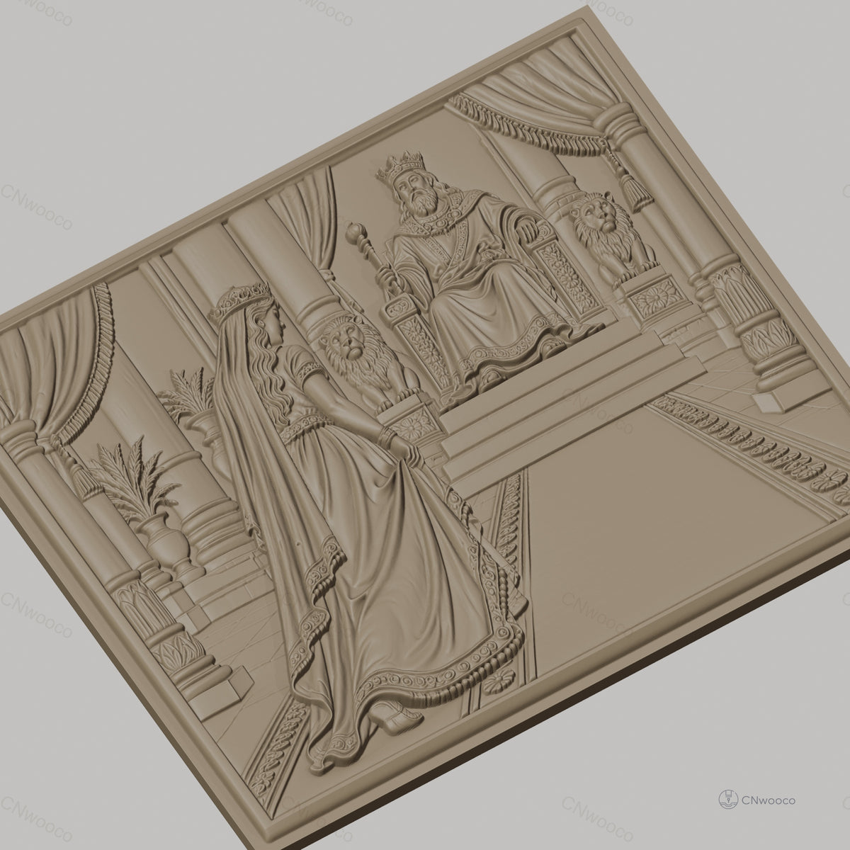 Fichier CNC & impression 3D scène royale, roi et reine sur trône avec lions, haute qualité relief STL