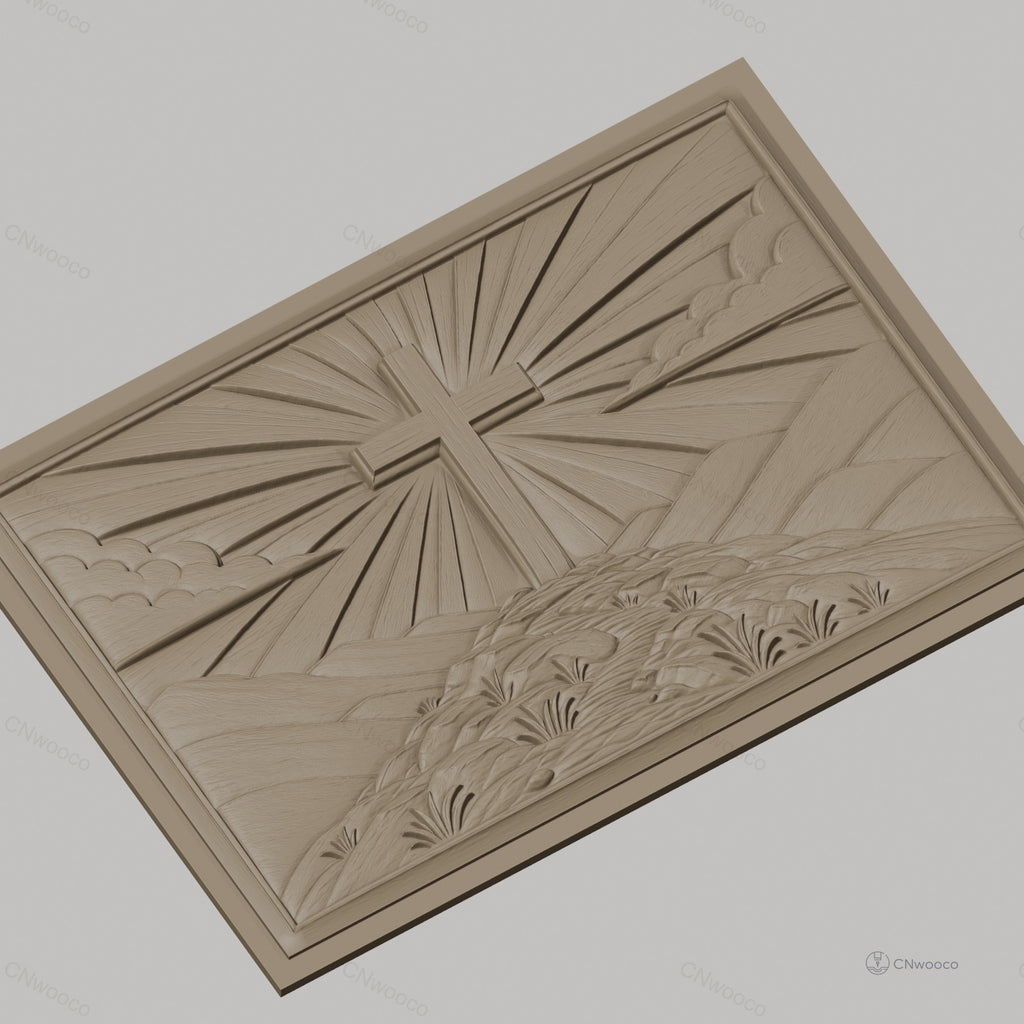 Fichier CNC & impression 3D croix chrétienne, colline, rayons de lumière, ciel en relief, haute qualité relief STL