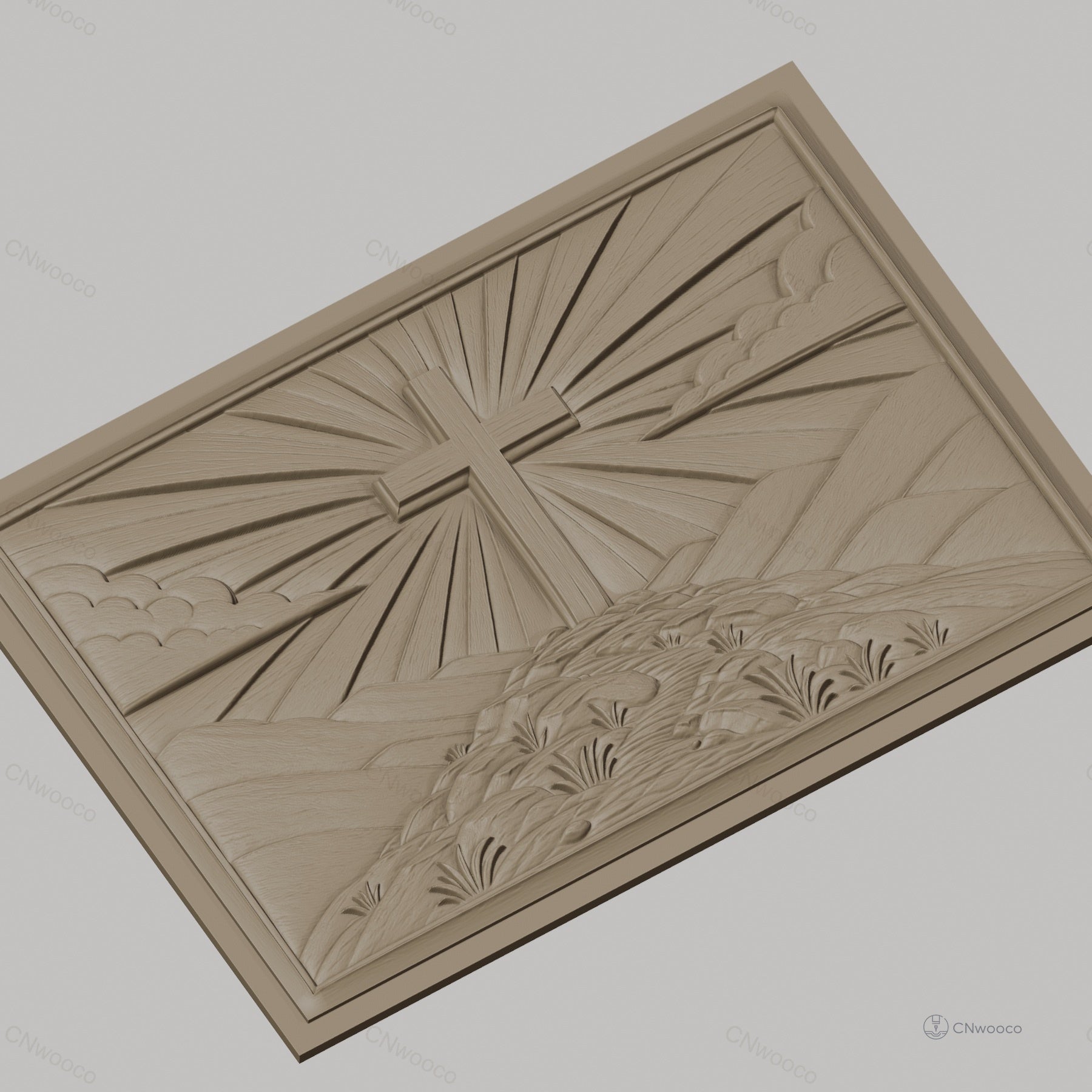 Fichier CNC & impression 3D croix chrétienne, colline, rayons de lumière, ciel en relief, haute qualité relief STL